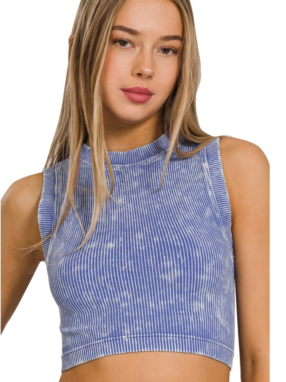 Zenana NWT Stone Washed Ribbed Seamless Crop Top Light Indigo Multiple Sizes